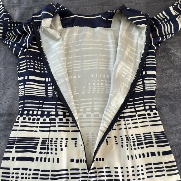 Vintage 80s Elizabeth Arden Navy Blue & White Silk Long Sleeve Midi Dress Sz 12 - Picture 11 of 16